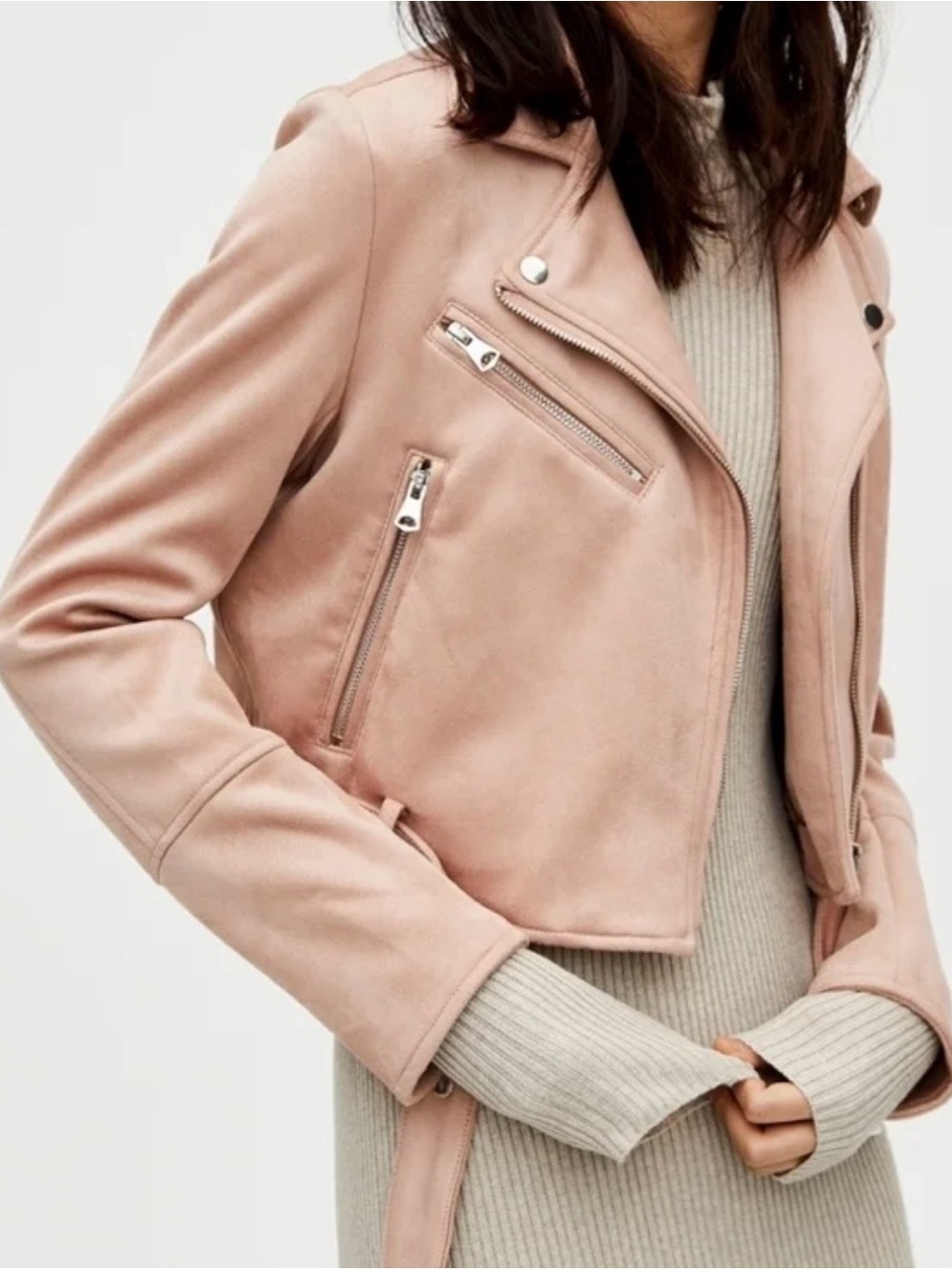 Pull&Bear Pale Pink Moto-Style suede Jacket